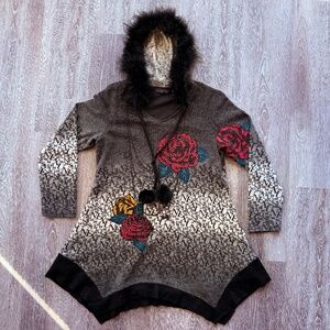 Y2K Longline tunic with feather hood and asymmetrical hem